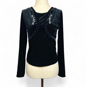 Vintage Y2K No Boundaries Blue Velvet Floral Embroidered Bolero Top Whimsigoth